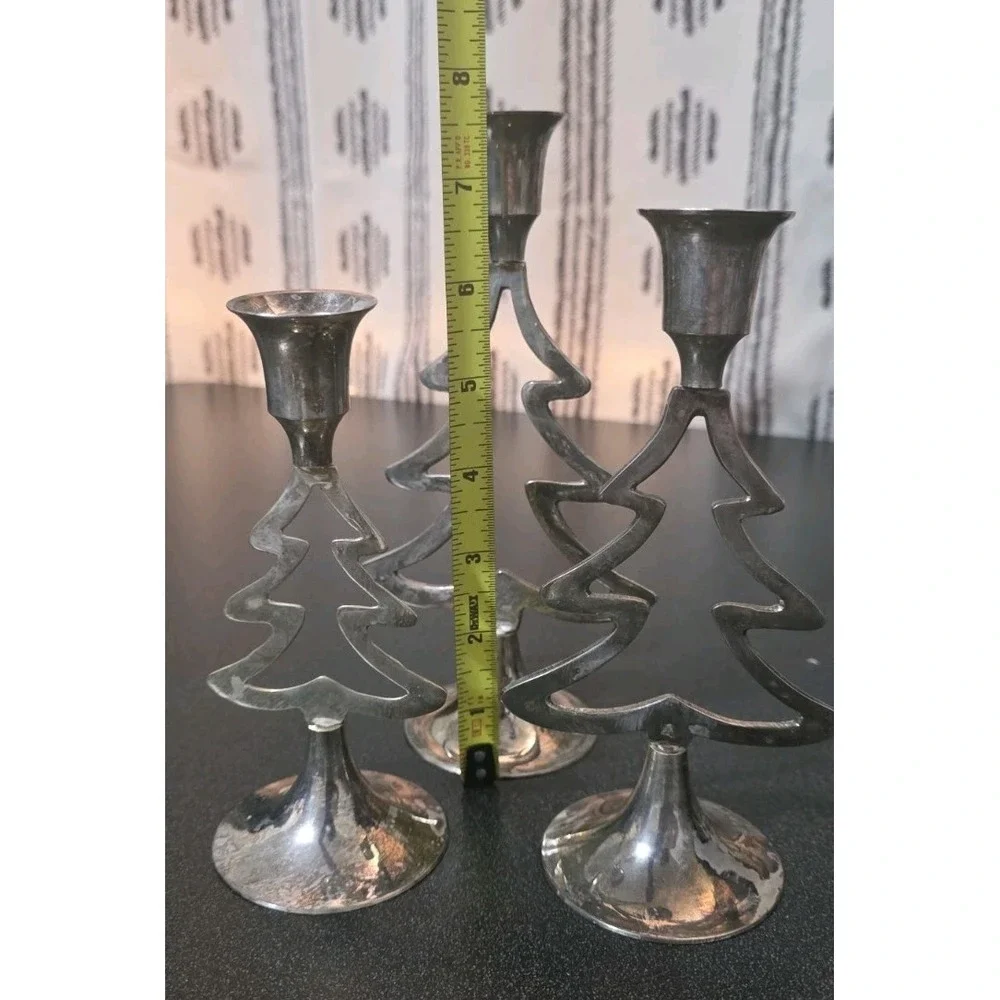 International Silver Co Silverplate Christmas Tree Candlestick Holders 3pc‎ EUC